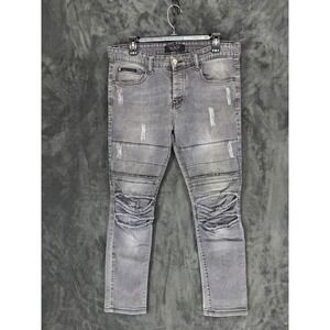 Philipp Plein Illegal Fight Club Straight Out Gray Distressed Moto Jeans Mens 34